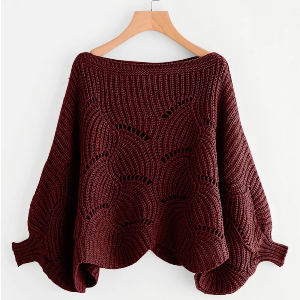 Eyelet detail dolman sleeve scalloped sweater